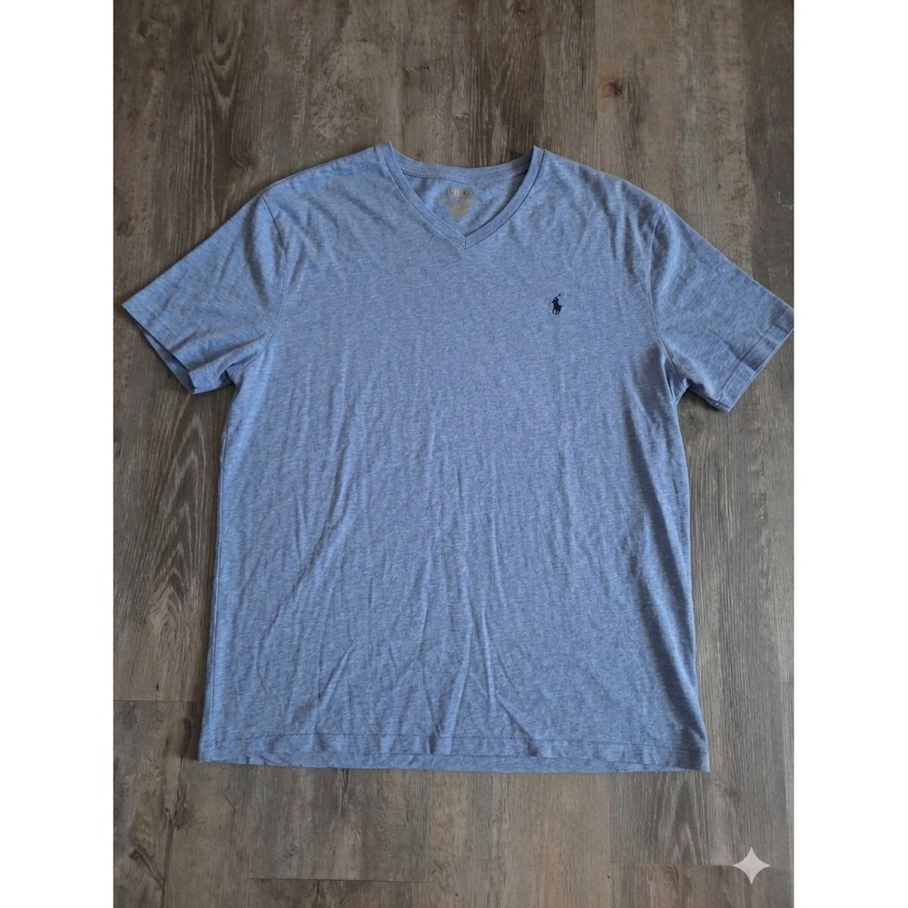 Polo Ralph Lauren Mens V-Neck T-Shirt Blue Heather Cotton Pony Logo Large